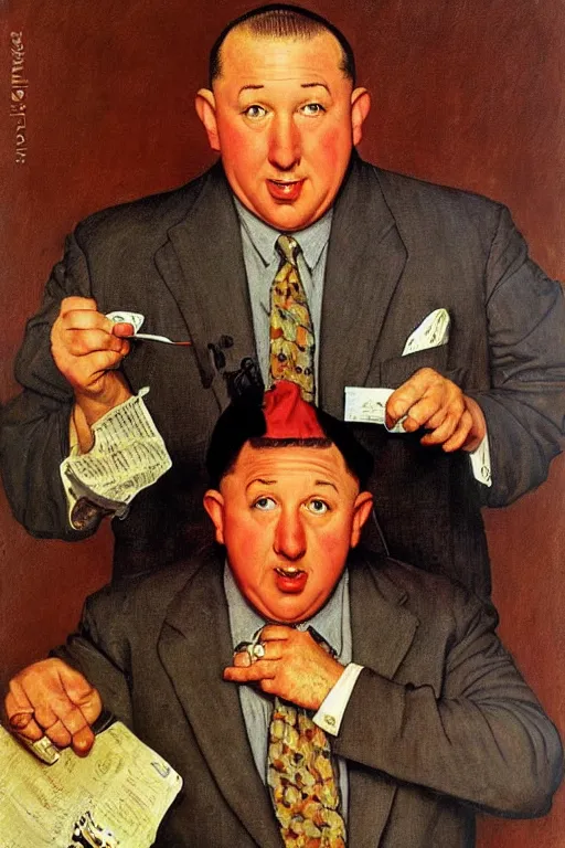 Image similar to curly howard from the three stooges painted by norman rockwell