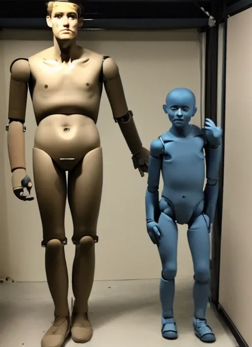 Image similar to a humanoid robot with an adult male human looking face is the statue david by michelangelo, polaroid, flash photography, photo taken in a dark storage room where you can see empty shelves in the background,