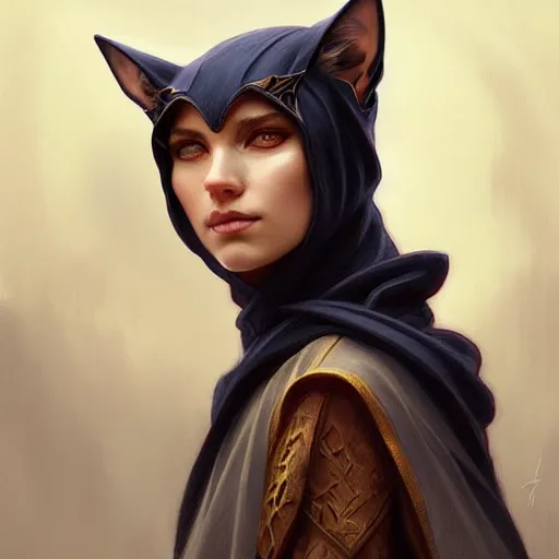 Image similar to portrait of cat wizard wearing a hood, face, fantasy, intricate, elegant, highly detailed, digital painting, artstation, concept art, smooth, sharp focus, illustration, art by artgerm and greg rutkowski and alphonse mucha