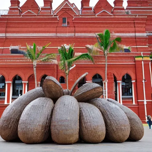 Image similar to symmetrical photo of giant coconut sculpture on red square, super wide shot, bokeh