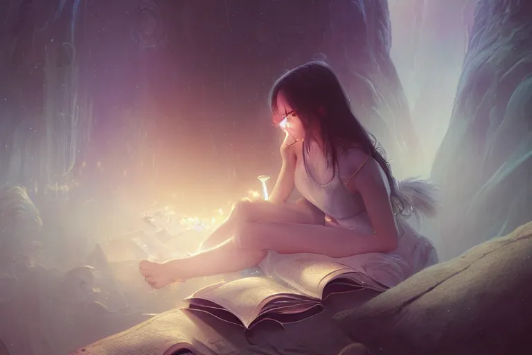 Image similar to breathe into euphoria, a girl reading a book, altered carbon, dreamy ethereal vibe, atmospheric, detailed intricate render, fibbonacci, detailed illustration, hd, 4 k, digital art, overdetailed art, surrealistic, by greg rutkowski, by loish, laura sava, slavic traditional trending on artstation, deviantart