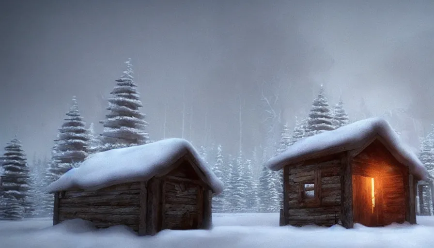 Prompt: Unreal Engine Survival Game in a cozy! warm small hut!!. Outside is a blizzard and Heavy Thick snow with Fog and Mist in a Beautiful dark Landscape, Distant Lights, Hyperrealistic, Hyperdetailed, Concept Art, High Snow
