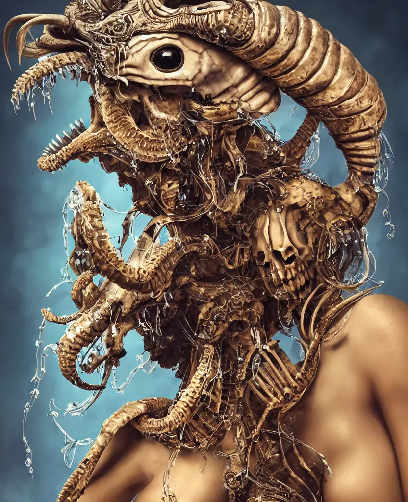 Image similar to close-up macro portrait of the face of a beautiful princess with ram animal skull mask, epic angle and pose, ribcage skeleton symmetrical artwork, 3d with depth of field, blurred background, cybernetic jellyfish female face phoenix bird, translucent, nautilus, energy flows of water and fire. a highly detailed epic cinematic concept art CG render. made in Maya, Blender and Photoshop, octane render, excellent composition, cinematic dystopian brutalist atmosphere, dynamic dramatic cinematic lighting, aesthetic, very inspirational, arthouse. y Greg Rutkowski, Ilya Kuvshinov, WLOP, Stanley Artgerm Lau, Ruan Jia and Fenghua Zhong