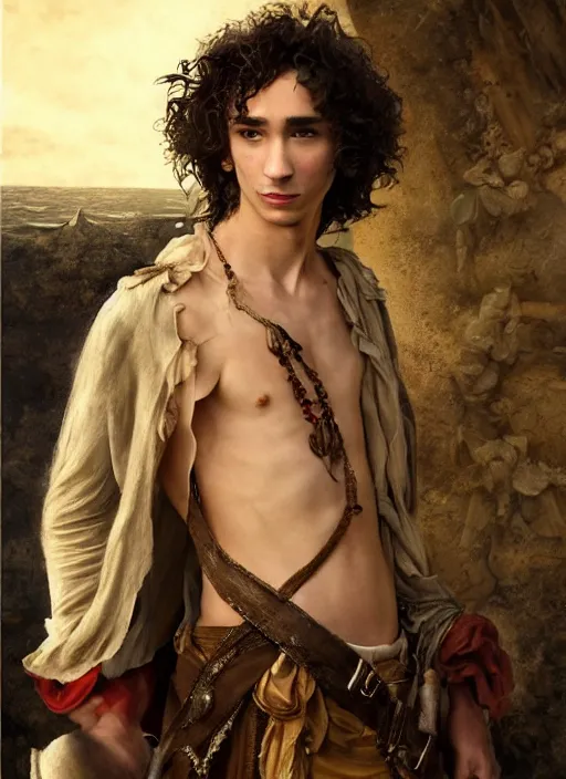 Prompt: a beautiful painting portrait of Robert Sheehan in Pirates of the Carribean 6, matte painting, fantasy art, dark but detailed digital art, highly detailed, a masterpiece trending on artstation. Robert Sheehan as a young but messy pirate and layabout