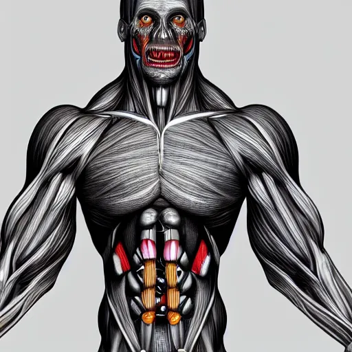 Image similar to monster with gleaming eyes, anatomically accurate model of the full human muscular system, full body, intricate parts, fine details, hyper - realistic