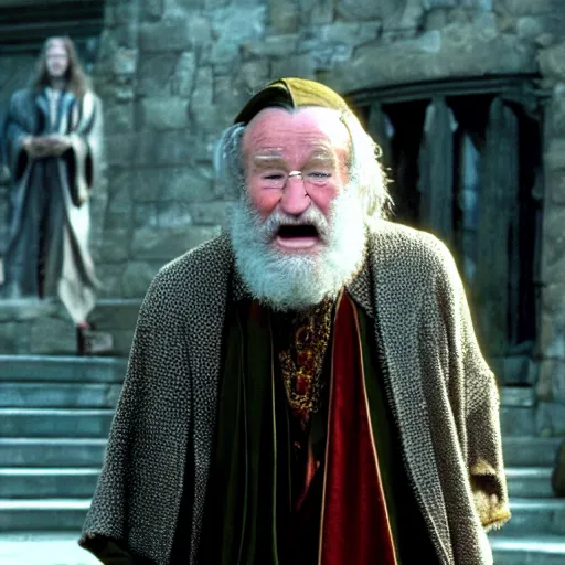 Image similar to Robin Williams playing Dumbledore in Harry Potter, screenshot