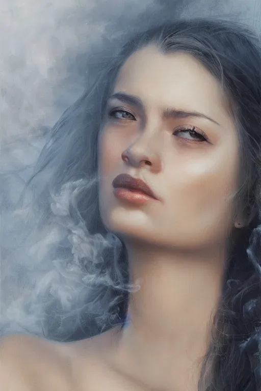 Image similar to a portrait of a beautiful woman with smoke and fire coming out of her eyes, artwork by Stanley Artgerm Lau, a masterpiece