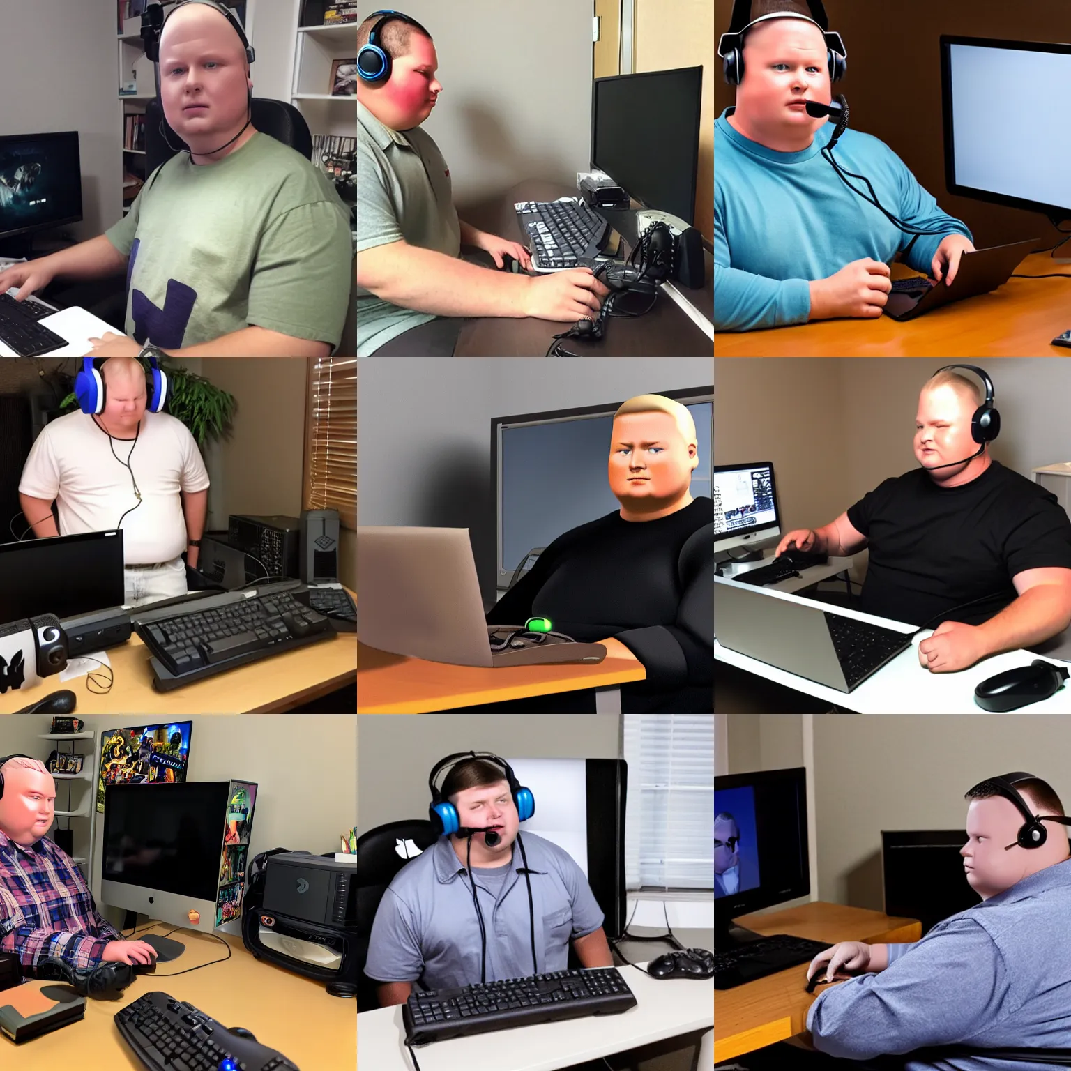 Prompt: adult Bobby Hill from King of the Hill sitting at his computer wearing a gamer headset