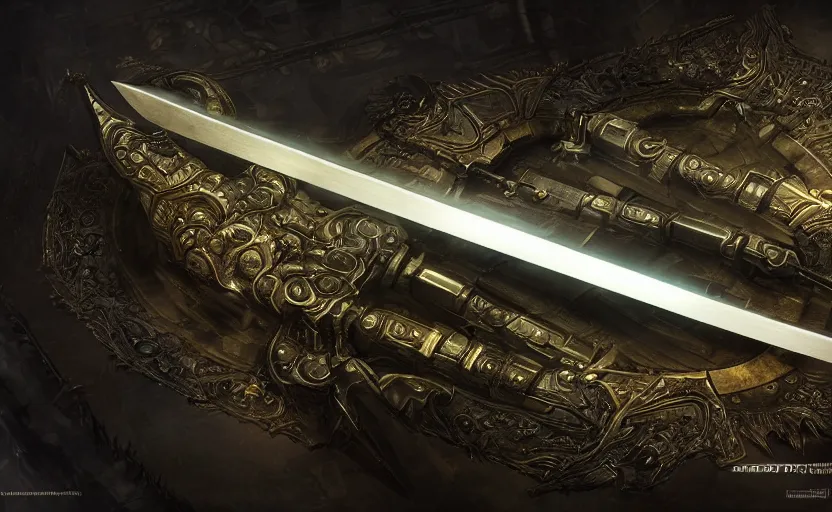 Image similar to legendary sword of cybernetic technology lying flat on a glowing table, digital award winning hd matte painting, intimate dark moody, intricate, long sharp black and iridescent blade, ornate spikes, colorful hilt, detailed realistic, raytraced blade, colored gems, golden pommel, in the style of greg rutkowski and krenz cushart, deviantart