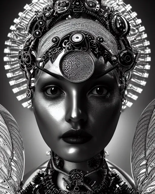 Image similar to mythical black and white organic bio-mechanical spinal ribbed profile face portrait detail of silver mechanical beautiful female angelic-queen-vegetal-cyborg, highly detailed, intricate steampunk flower and diamonds and gemstones ornate, poetic, 3D render, digital art, octane render, 8K artistic photography, photo-realistic, by Dora Maar