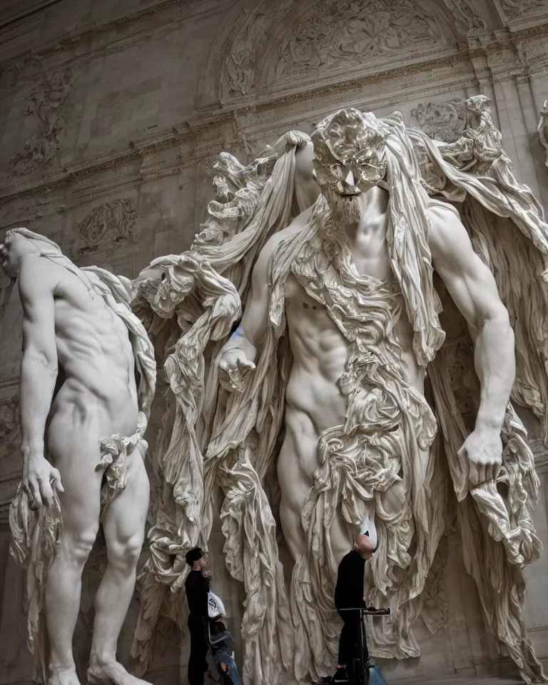 Prompt: Epic view of intricate stained bear-man multiple faces looking backwards using a silver veil statue sculpted on white marble by Antonio Corradini, Bernini and Nicola Samori