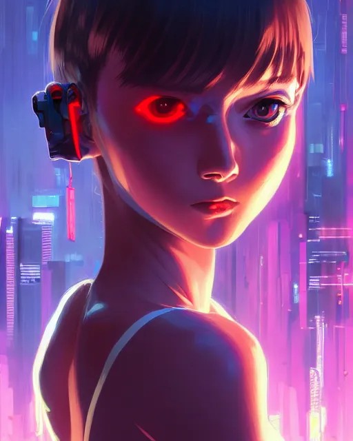 Image similar to a comic potrait of a cyberpunk cyborg girl with big and cute eyes, fine - face, realistic shaded perfect face, fine details. night setting. very anime style. realistic shaded lighting poster by ilya kuvshinov katsuhiro, magali villeneuve, artgerm, jeremy lipkin and michael garmash, rob rey and kentaro miura style, trending on art station