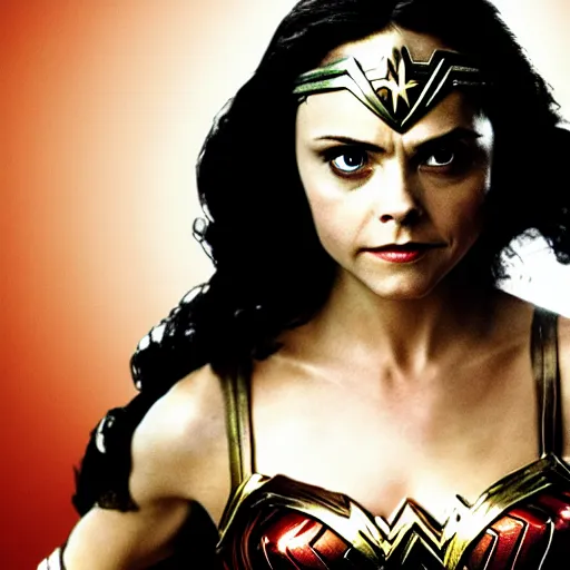 Prompt: film still of Christina Ricci playing Wonder Woman, 4k
