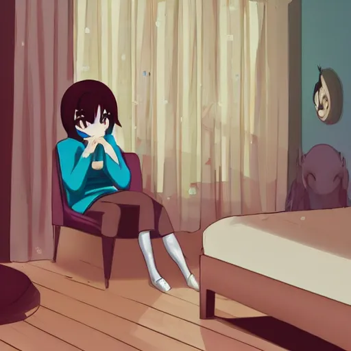 Prompt: cute art of shy beautiful anime girl watching tv inside a bedroom