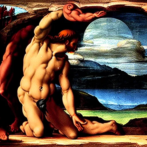 Prompt: the creation of adam painting by artist michelangelo