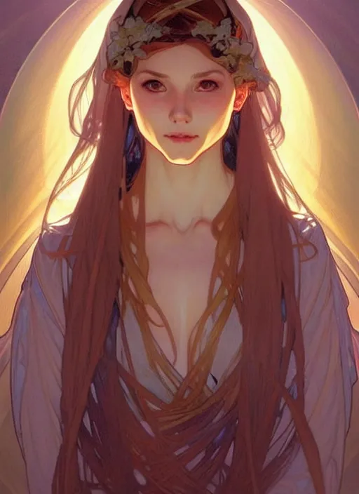 Prompt: digital character concept art by artgerm and greg rutkowski and alphonse mucha. clear portrait of a young wife blessed by god to uncontrollably become overwhelmingly perfect!! blonde, casually clothed! obviously feminine holy body!! light effect. hyper detailed, glowing lights!! intricate, elegant, digital painting, artstation, smooth, sharp focus