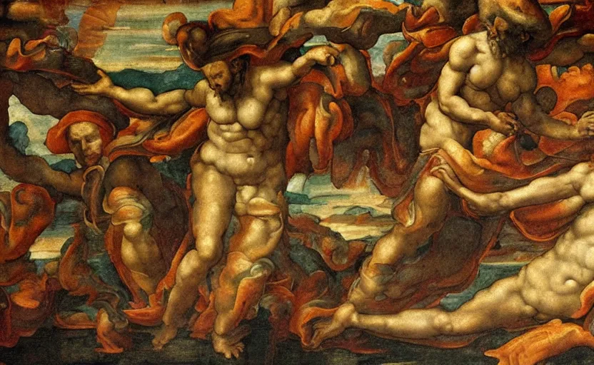 Prompt: The flying spaghetti monster. By Michelangelo (1564). Expert fresco painting.