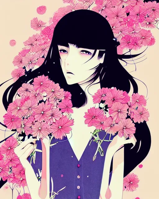 Prompt: beautiful girl next to floral bomb, detailed manga illustration!! intricate details, perfect face, perfect body, aesthetically pleasing pastel colors, poster background, aesthetic details, art by conrad roset and ilya kuvshinov