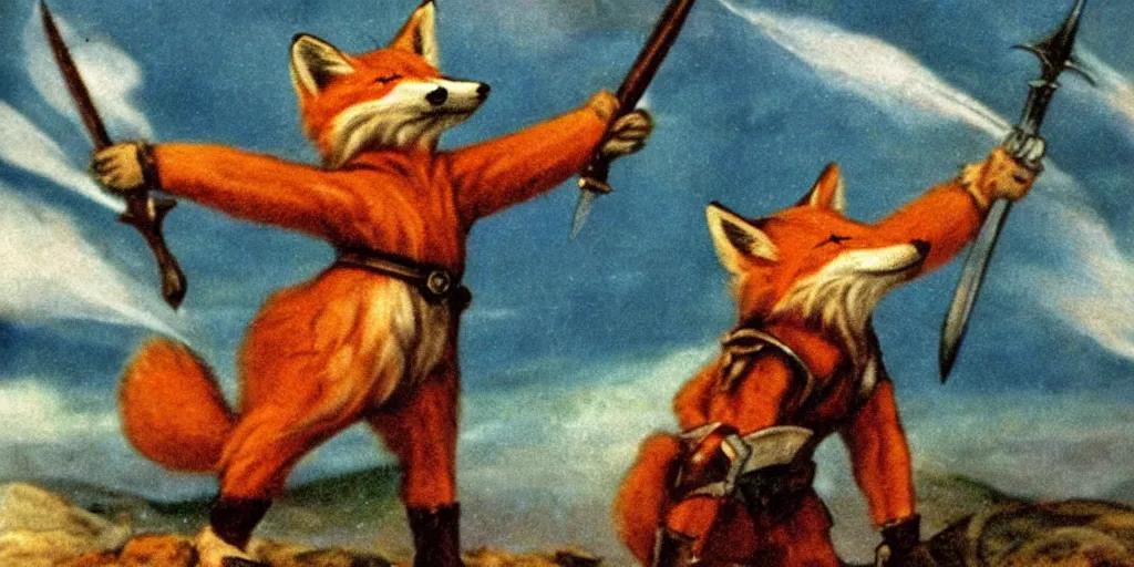 Image similar to anthropomorphic fox who is a medieval knight pointing a sword towards a stormy thundercloud 1 9 3 0 s film still