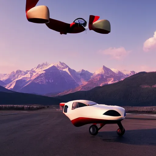 Prompt: a flying car, mountains in background, summer, clear skt, cinematic light