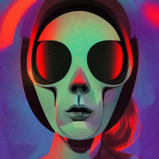 Image similar to portrait of a zombie astronaut girl, colorful, modern art deco, mads berg, karolis strautniekas, christopher balaskas, stippled light, fog, moody, fine texture, editorial illustration, dramatic lighting, dynamic composition, detailed, matte print, dynamic perspective, muted color