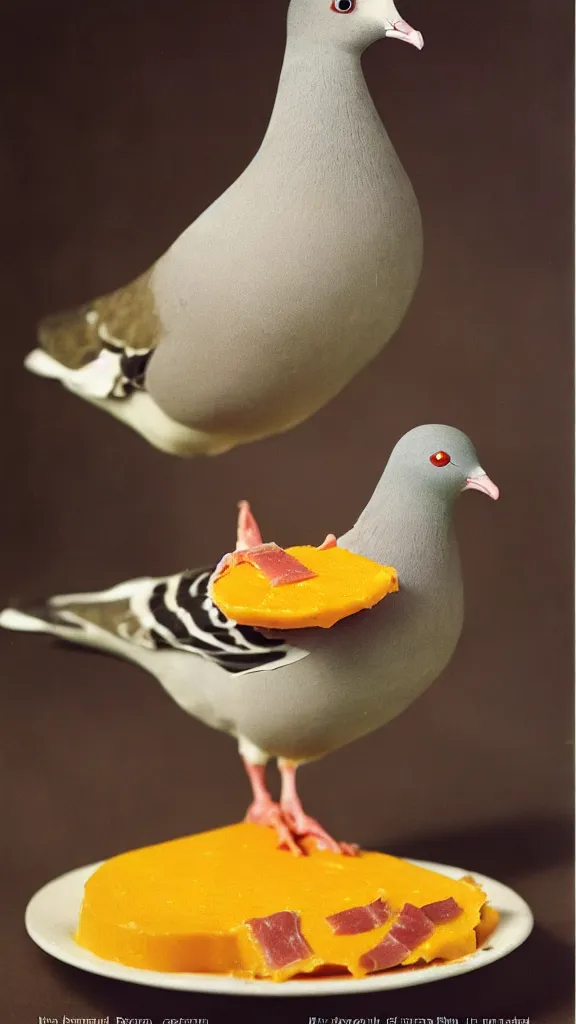 Image similar to 1 9 6 0 s food magazine photo of a pigeon made out of cheddar cheese and ham, soft focus