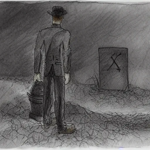 Prompt: a man with a shovel standing next to an open grave with a body in it, subtle blue, orange, and dark green tones, high quality, high detail, dark colors, sinister atmosphere, dramatic lighting, cinematic, establishing shot, extremely high detail, photo realistic, cinematic lighting, pen and ink, intricate line drawings, by Yoshitaka Amano, Ruan Jia, Kentaro Miura, Artgerm, post processed, concept art, artstation, matte painting, style by eddie mendoza, raphael lacoste, alex ross