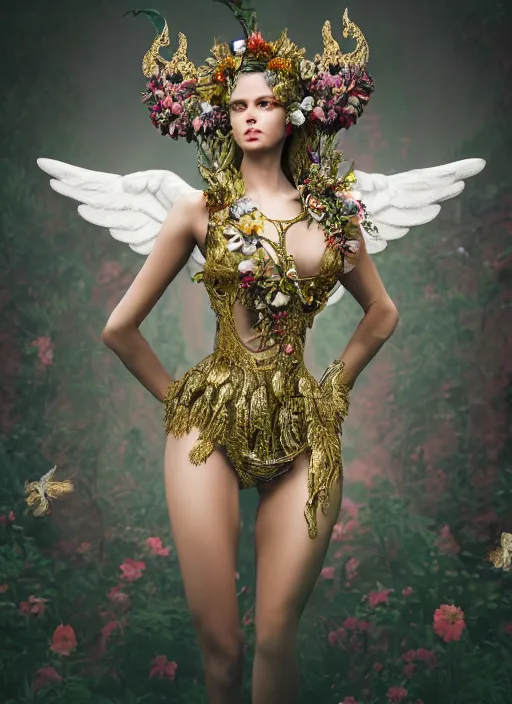 Image similar to full body environmental portrait photo of a female model as angel, ornate headpiece made from flowers, ornaments, glamour shot by gemmy woud - binnendijk, chris knight, photorealistic, canon r 3, fashion photography, ornate, symmetrical features, octane render, unreal engine, solid dark background, clamp shell lighting, rim lighting