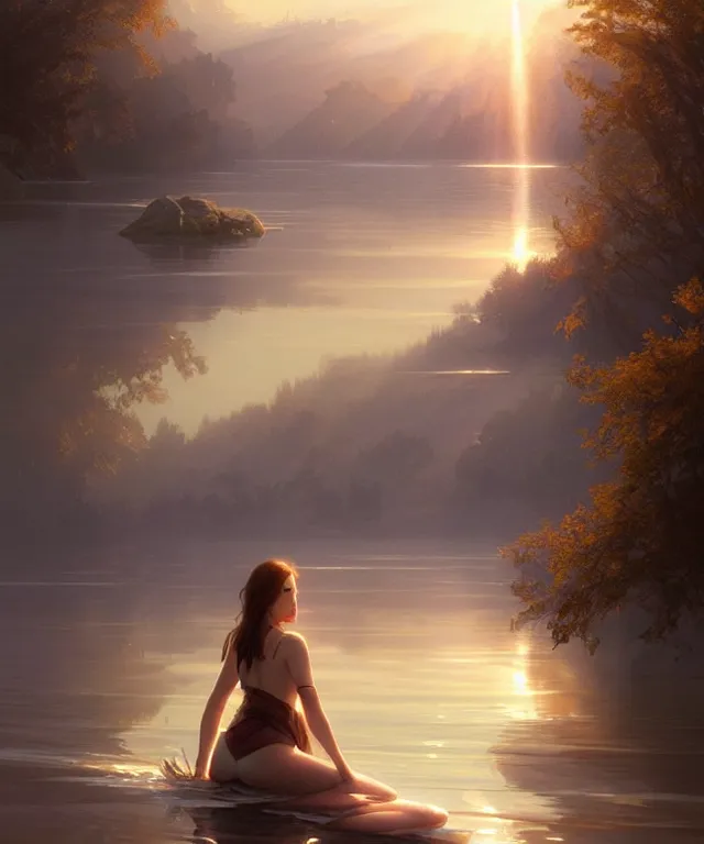 Prompt: emily rajtkowski, lake, elegant, highly detailed, god rays, digital painting, artstation, concept art, smooth, sharp focus, illustration, art by artgerm and greg rutkowski and alphonse mucha