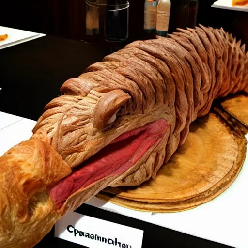 Image similar to a spinosaurus made of croissant