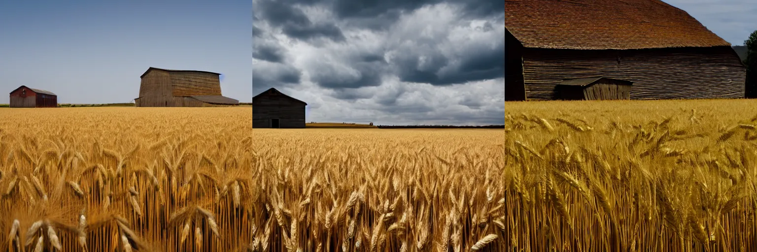 Prompt: endless field of wheat with abandoned barn