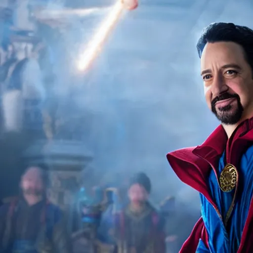 Image similar to A movie still of Lin-Manuel MIranda as Dr Strange, dynamic lighting, smiling, 8k, Heroic Pose, 2022 picture of the year