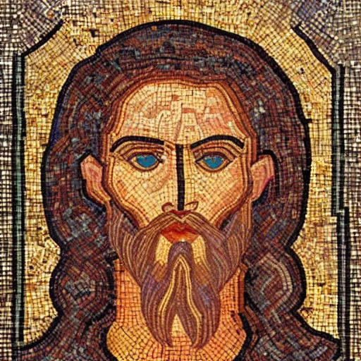 Prompt: byzantine mosaic of gigachad, perfect face, perfect eyes, strong jaw, centered, awarded photo, intricated, very detailed, highly qualified