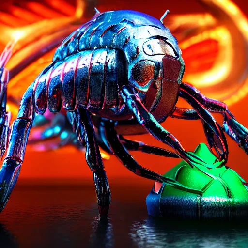 Prompt: a cyber shrimp god, evil, villain, studio, studio background, sharp focus, dynamic lights, still, photograph, hyper realistic, masterpiece, digital, octane render, rendered, 3 d, blender, 3 d software, cinematic, cinematic lighting, dramatic lighting, dramatic, highly detailed, intricate details, texture, slime, cinematic composition