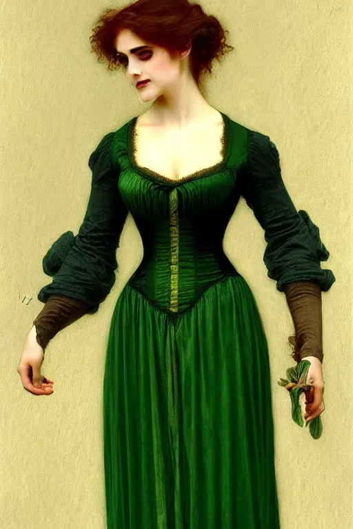 Image similar to victorian vampire in green dress, painting by rossetti bouguereau, detailed art, artstation