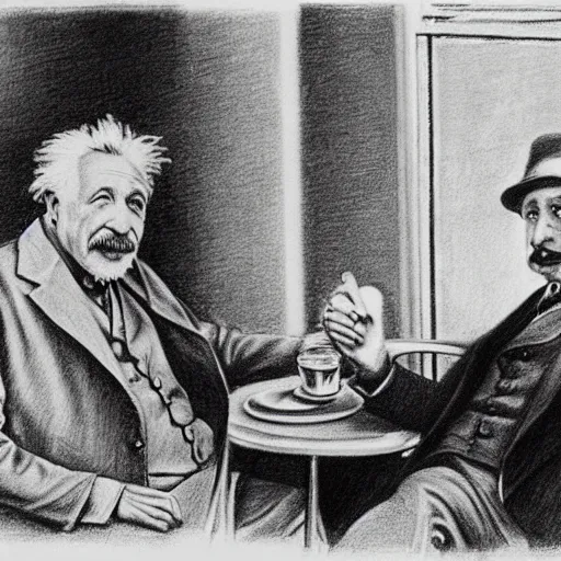 Image similar to Einstein and Tesla sitting at cafe, pencil drawing, ultra detailed