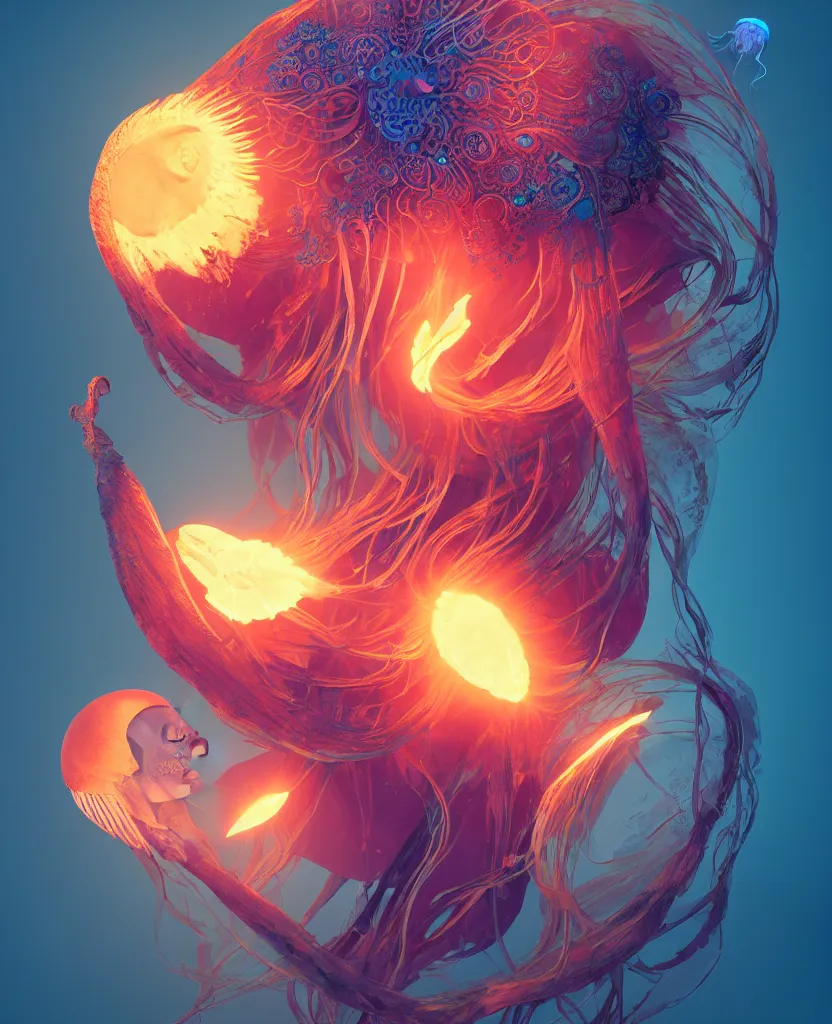 Prompt: goddess masked portrait. jellyfish phoenix head, nautilus, butterfly, skull, ice and fire, bioluminiscent creatures, intricate artwork by Tooth Wu and wlop and beeple. octane render, trending on artstation, greg rutkowski very coherent symmetrical artwork. cinematic, hyper realism, high detail, octane render, 8k