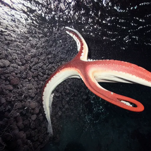 Prompt: giant squid in the ocean abyss, real footage, spot light, dark background,