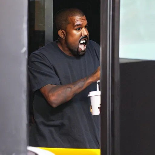 Image similar to kanye west shouting and screaming frantically at mcdonalds drive trough employee