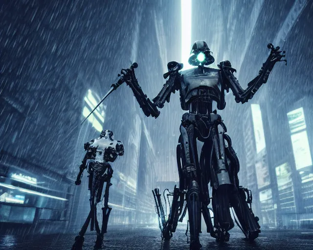 Prompt: photo of general grievous with 4 arms holding 4 activated lightsabers in the rain. cyberpunk horror style. highly detailed 8 k. intricate. nikon d 8 5 0 5 5 mm. award winning photography.