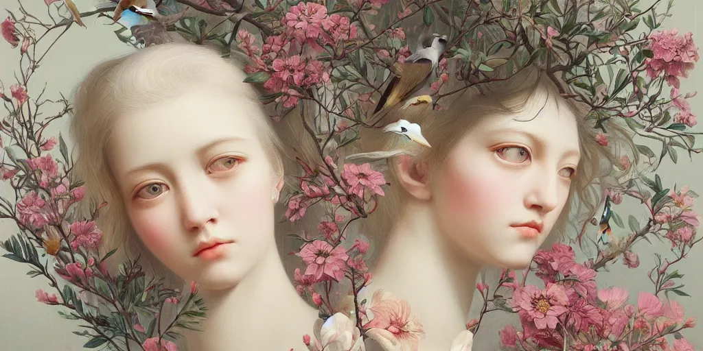 Image similar to breathtaking detailed concept art painting pattern of blonde short hair faces weird girls with anxious piercing eyes and blend of flowers and birds, by hsiao - ron cheng and john james audubon, bizarre compositions, exquisite detail, extremely moody lighting, 8 k