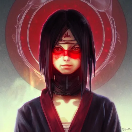 Image similar to itachi uchiha, red glowing eyes, intricate, elegant, highly detailed, digital painting, artstation, concept art, smooth, sharp focus, illustration, art by artgerm and greg rutkowski and alphonse mucha