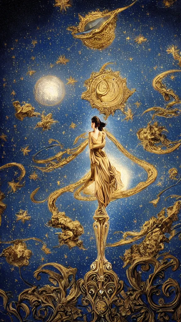 Image similar to sky in a starry night with glowing meteor showers, ascension of a woman decomposing and dissolving into moon, dark - blue black gold beige saturated, ornate baroque rococo art nouveau intricate detail, 3 d specular lighting, cinematic, blur