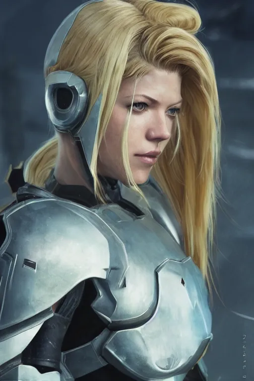 Prompt: a close up of Katheryn Winnick wearing Samus\'s armor by Greg Rutkowski, Sung Choi, Mitchell Mohrhauser, Maciej Kuciara, Johnson Ting, Maxim Verehin, Peter Konig, 8k photorealistic, cinematic lighting, HD, high details, dramatic, trending on artstation, full body shot