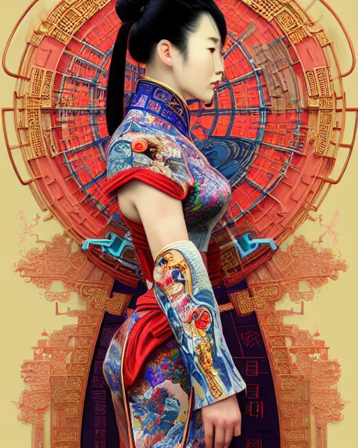 Image similar to portrait of a chinese cyberpunk machine, machine face, arms, upper half portrait, decorated with chinese opera motifs, regal, asian, fine china, wuxia, traditional chinese art intricate intense elegant 京 剧 highly detailed digital painting artstation concept art smooth sharp focus illustration, art by artgerm and greg rutkowski alphonse mucha 8 k