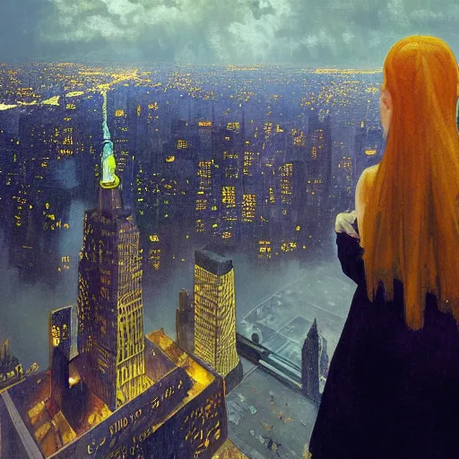 Prompt: “ a girl standing on a ledge looking down at a futuristic new york city below, ghostpunk, fog, storm clouds, rain, detailed face, oil painting, by alphonse mucha ”