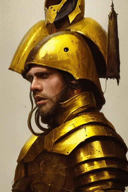 Prompt: A fancy portrait of a yellow medieval Holy Knight by Greg Rutkowski, Sung Choi, Mitchell Mohrhauser, Maciej Kuciara, Johnson Ting, Maxim Verehin, Peter Konig, 8k photorealistic, cinematic lighting, HD, high details, dramatic, trending on artstation