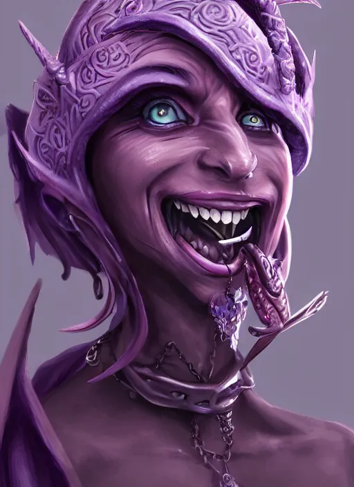 Prompt: purple skin, Tiefling Pirate, laughing, beautiful detailed eyes, cute, fantasy, intricate, elegant, highly detailed, digital painting, 4k, HDR, concept art, detailed jewelry, smooth, sharp focus, illustration, by Wayn Reynolds
