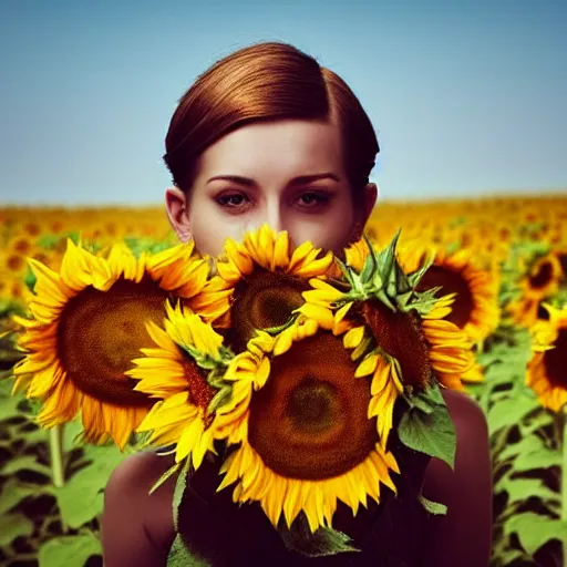 Prompt: highly detailed portrait of a young woman with pixie cut hairstyle in a field of sunflowers, sunny day, HD