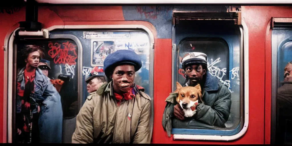 Image similar to new york subway cabin 1 9 8 0 s inside all in graffiti, policeman with the dog closeup, black guy in a red beret, coloured film photography, christopher morris photography, bruce davidson photography